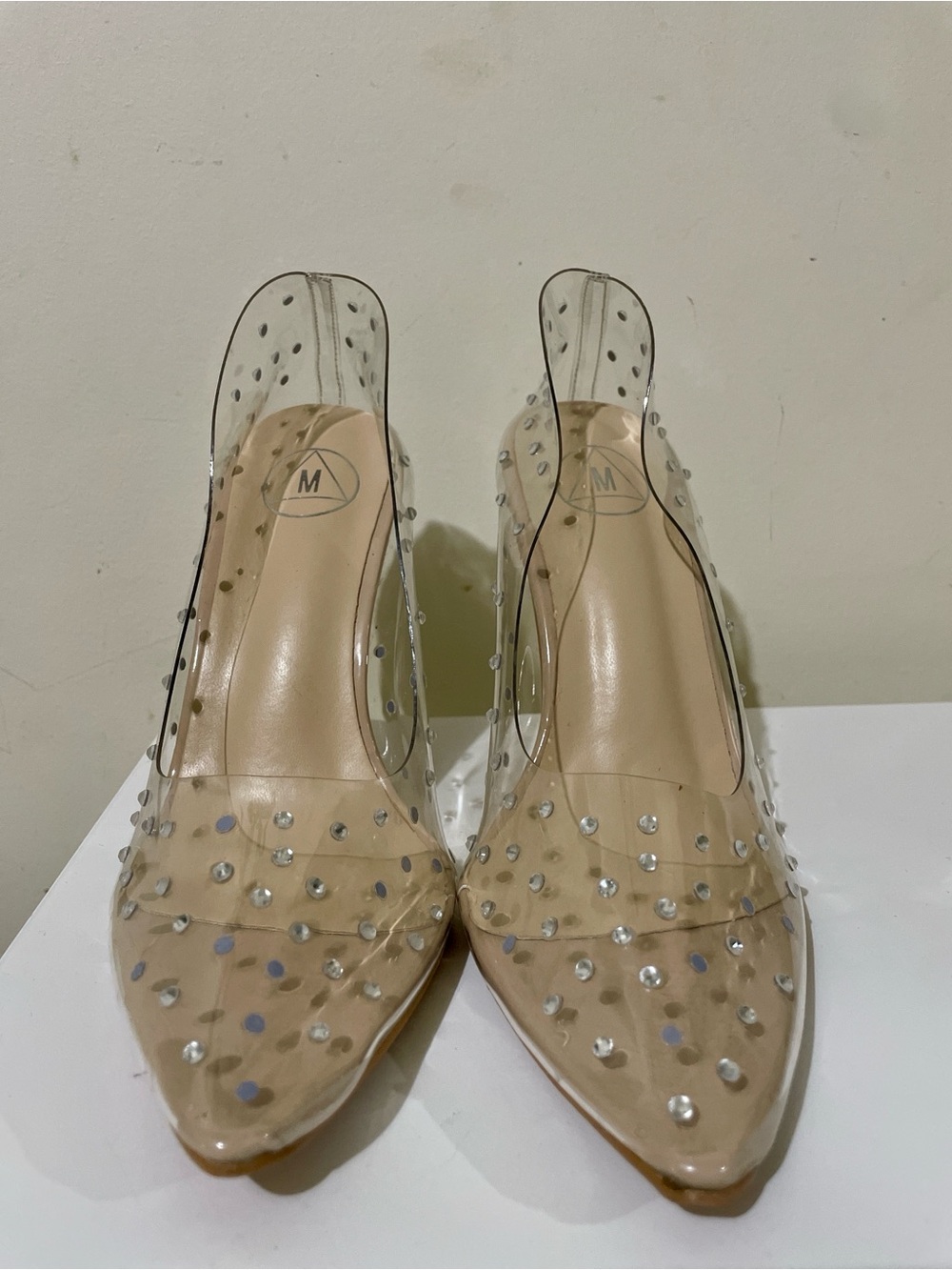 Missguided Nude Clear Studded Pointed Slingback Heels